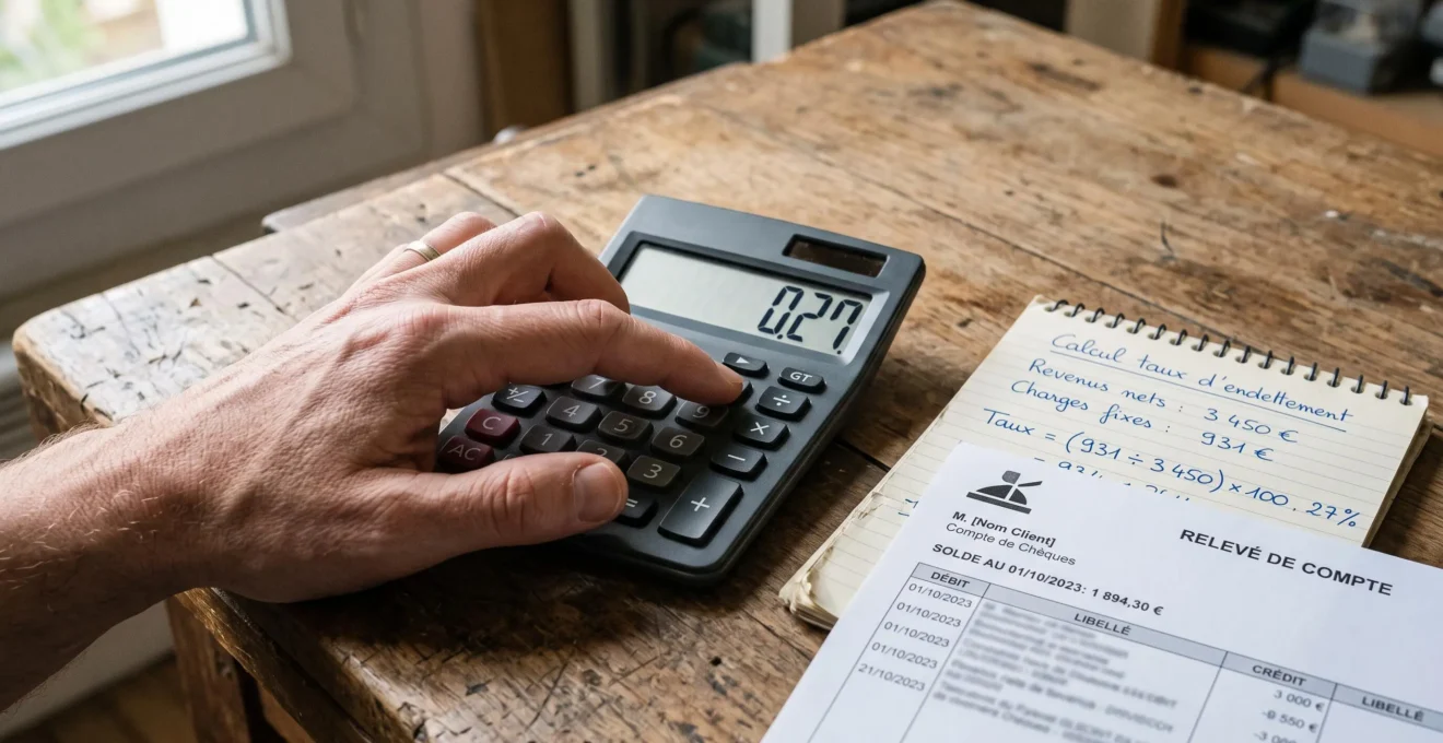 Une main utilise une calculatrice pour calculer le taux d'endettement, entourée de relevés bancaires et de notes manuscrites