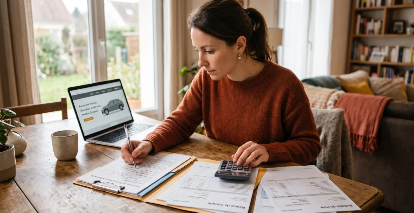 Une personne prépare son dossier de demande de crédit auto à domicile, entourée de documents financiers et d'une calculatrice