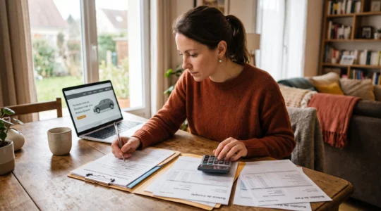 Une personne prépare son dossier de demande de crédit auto à domicile, entourée de documents financiers et d'une calculatrice
